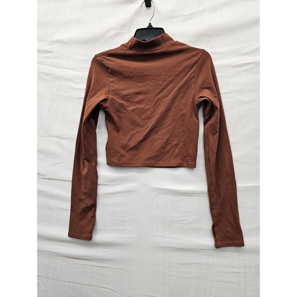 V For City Womens Cutout Mock Neck Crop Top Brown Cotton Blend Casual Size M